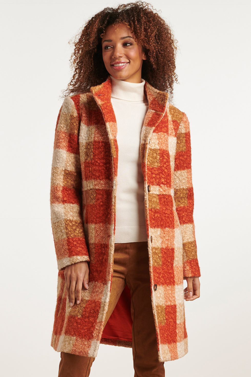 23630 Damesjas Met Ruit Print | Sand - Orange