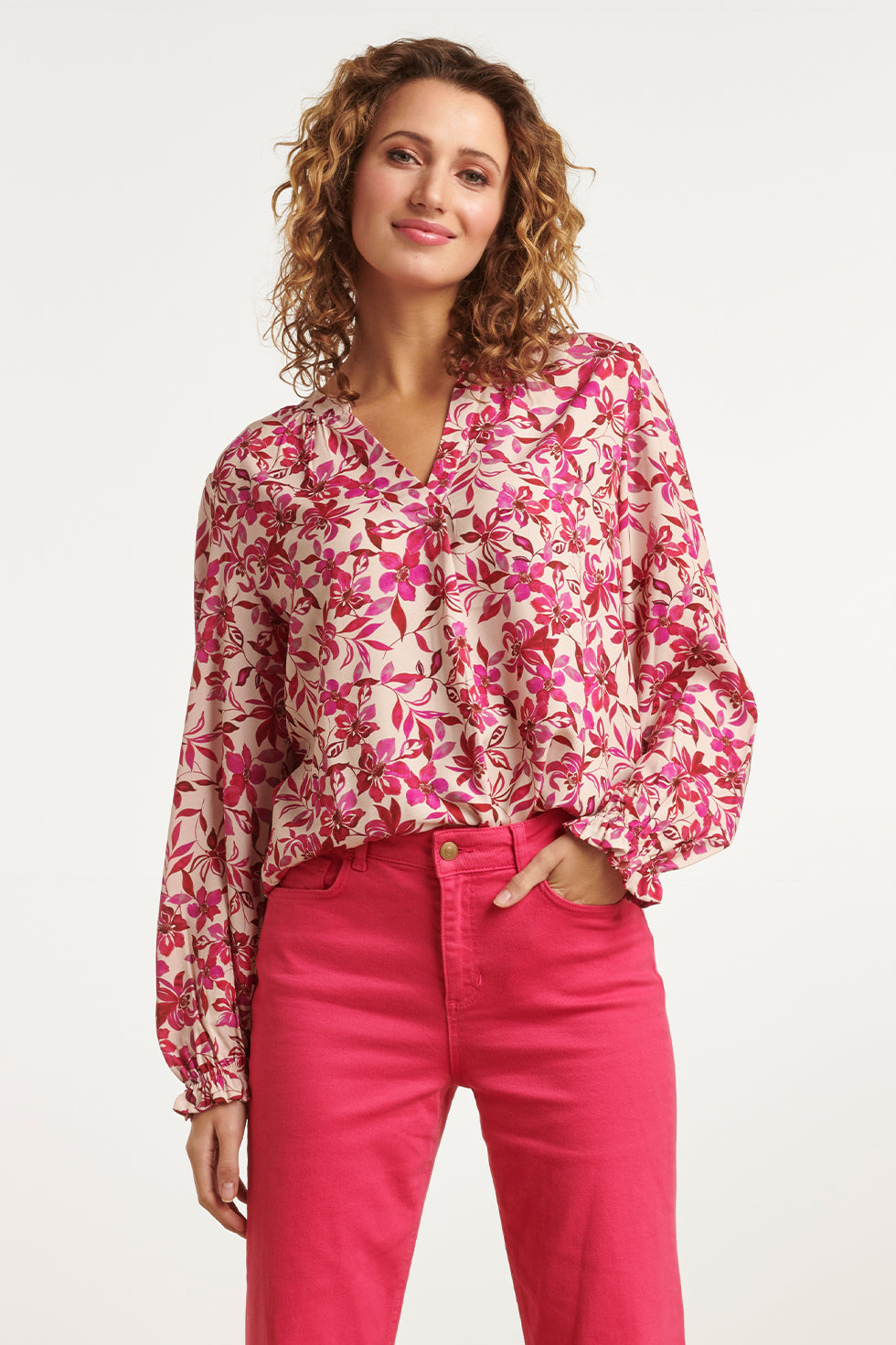 23645 Dames Top Met Fuchsia Bloemenprint | Off White - Fuchsia