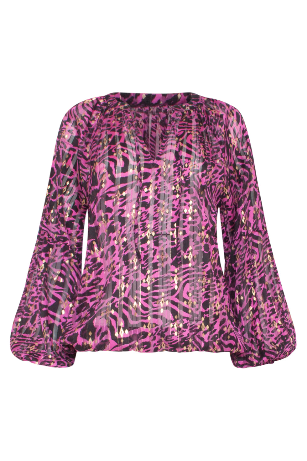 23666 Dames Chiffon Top Met Fuchsia Abstract Dieren Print | Fuchsia - Black