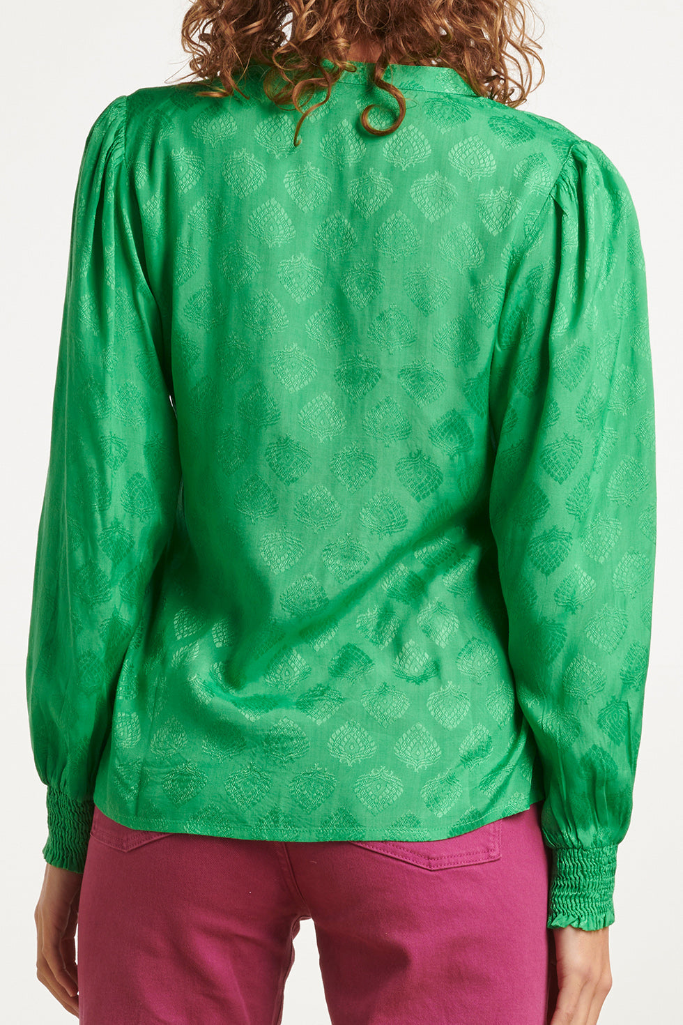 23677 Dames Satijnen Blouse Met Ornament Print | Green