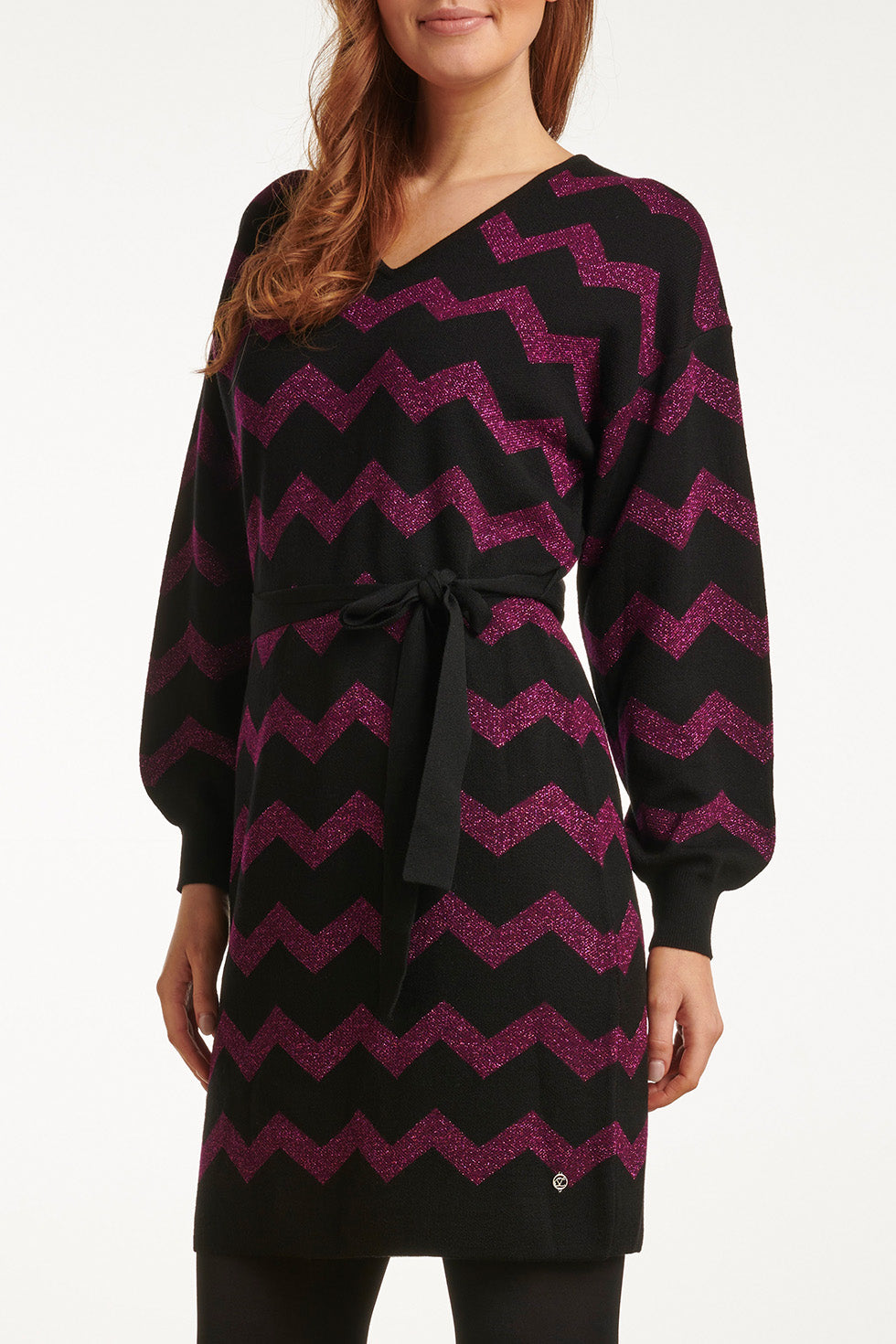 23701-999-380 Paarsee Zigzagprint Ronde Hals Jurk Met Ceintuur | Black - Purple