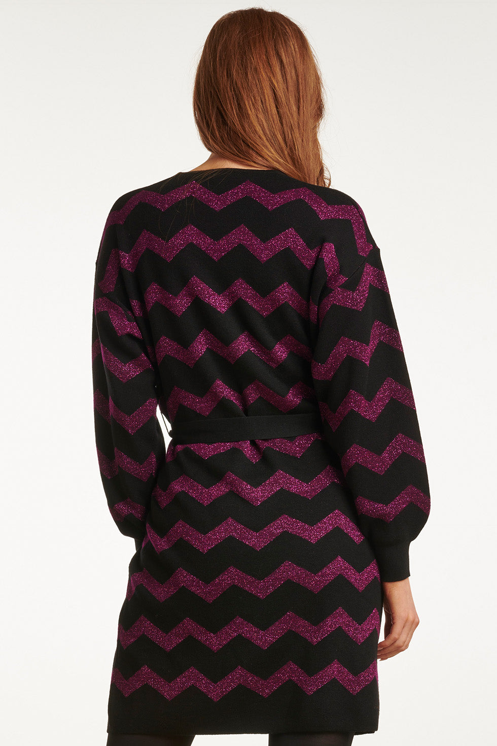 23701-999-380 Paarsee Zigzagprint Ronde Hals Jurk Met Ceintuur | Black - Purple