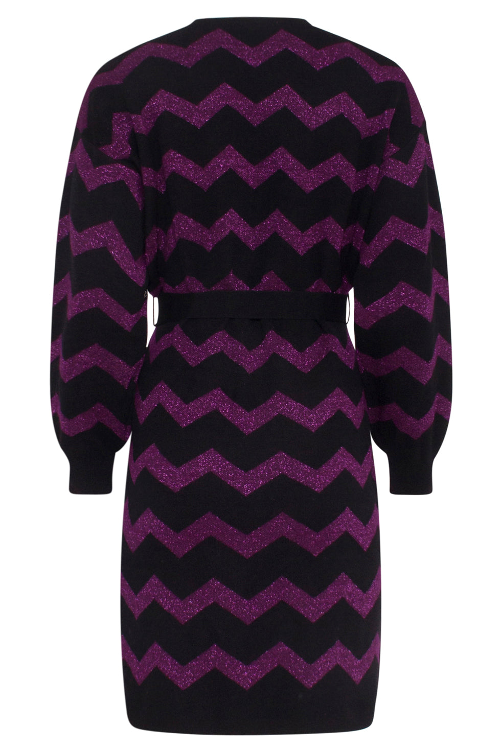23701-999-380 Paarsee Zigzagprint Ronde Hals Jurk Met Ceintuur | Black - Purple