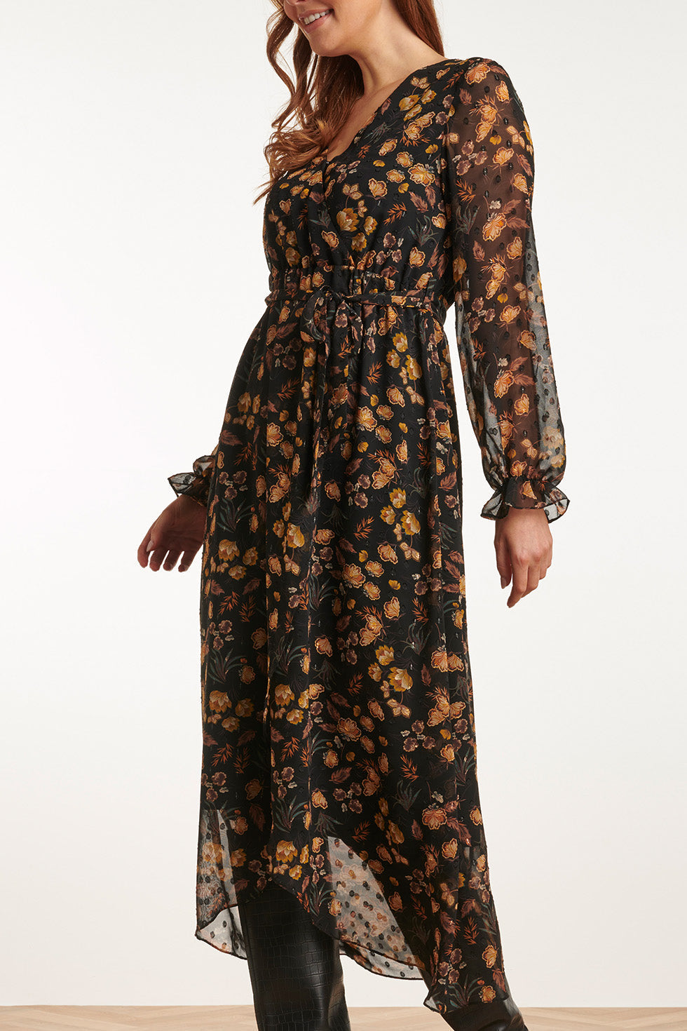 23710-999-240 V-Hals Jurk Met Bloemenprint-Mosterd | Black - Mustard