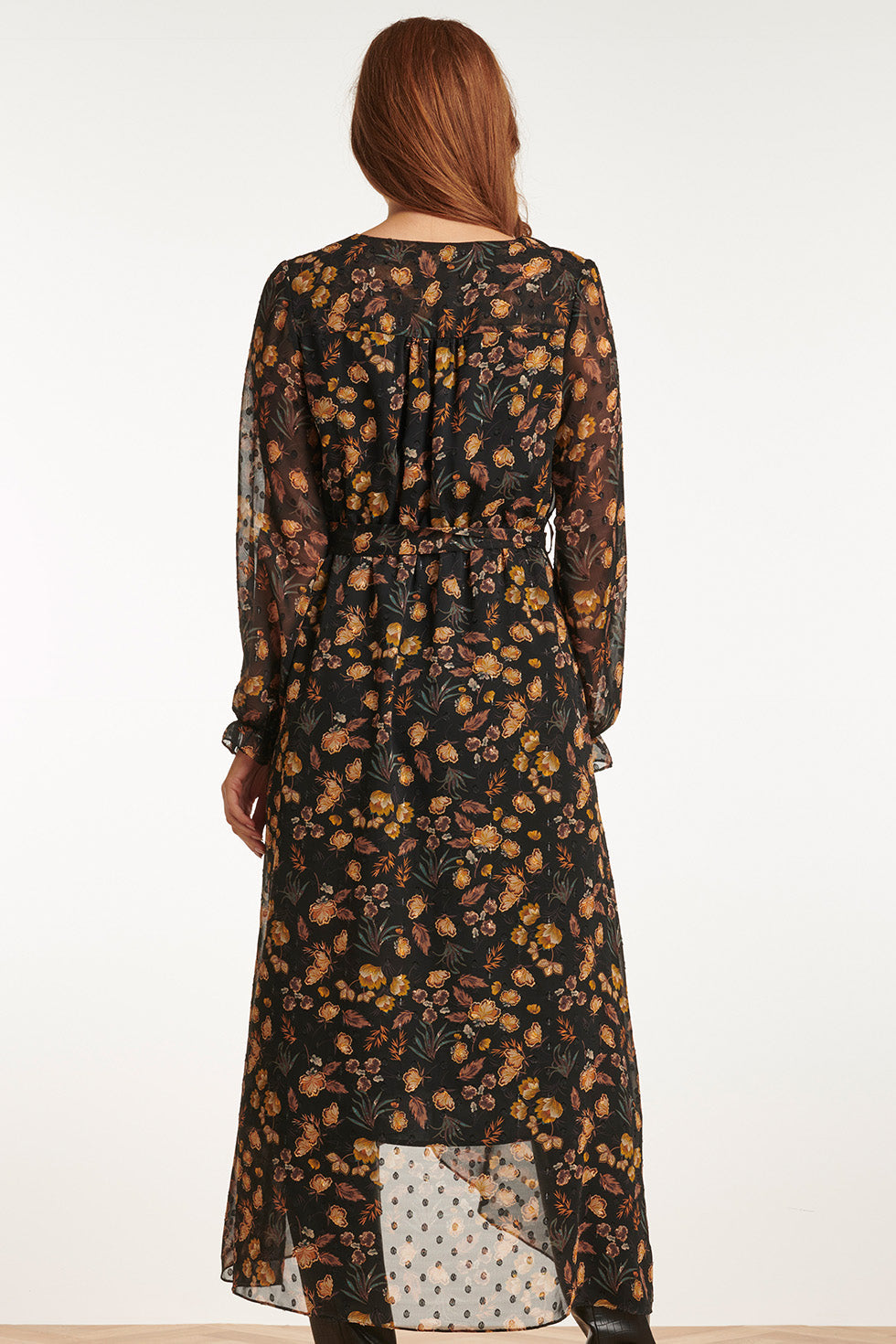 23710-999-240 V-Hals Jurk Met Bloemenprint-Mosterd | Black - Mustard