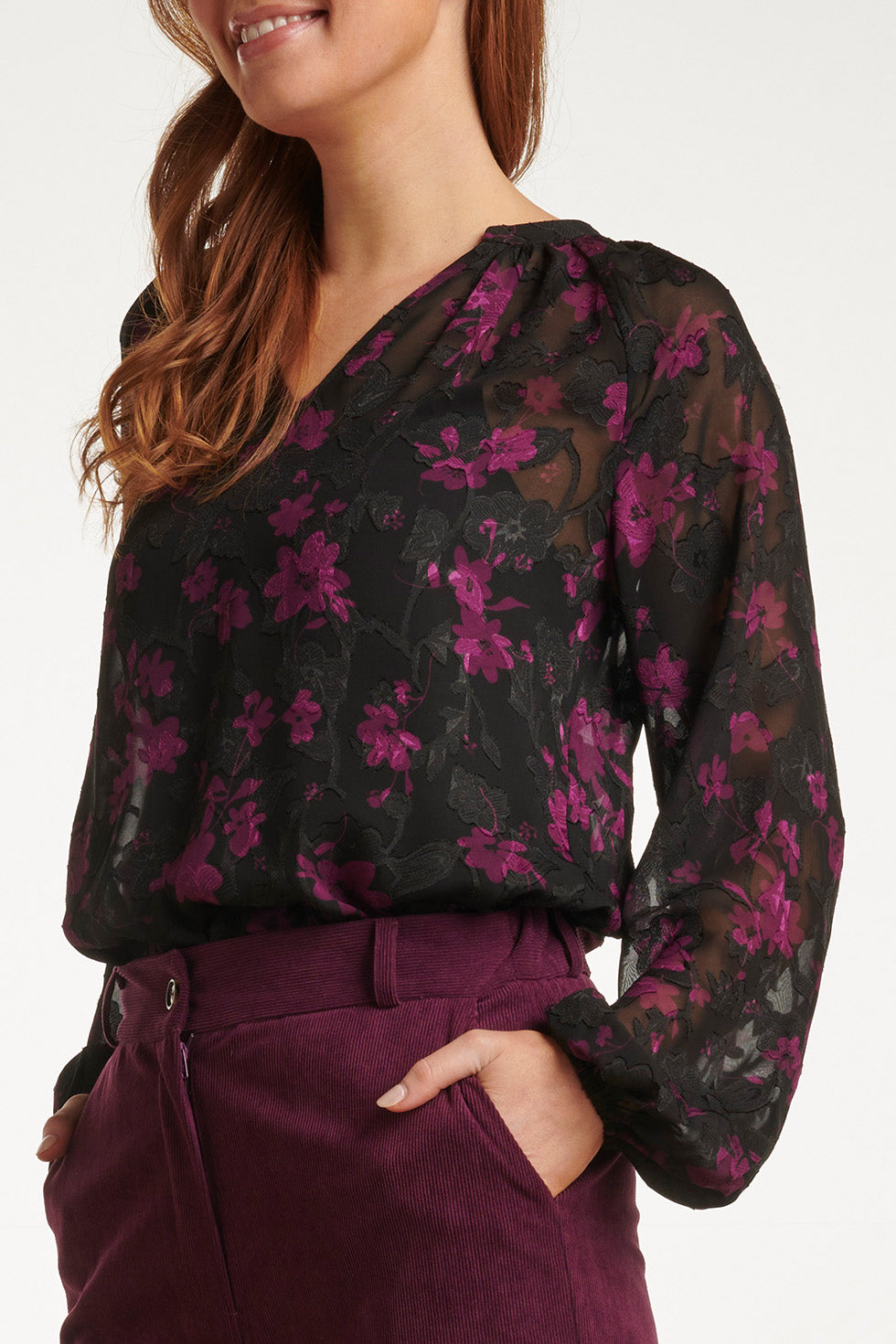 23715-999-380 V-Hals Top Met Bloemenprintpaars | Black - Purple