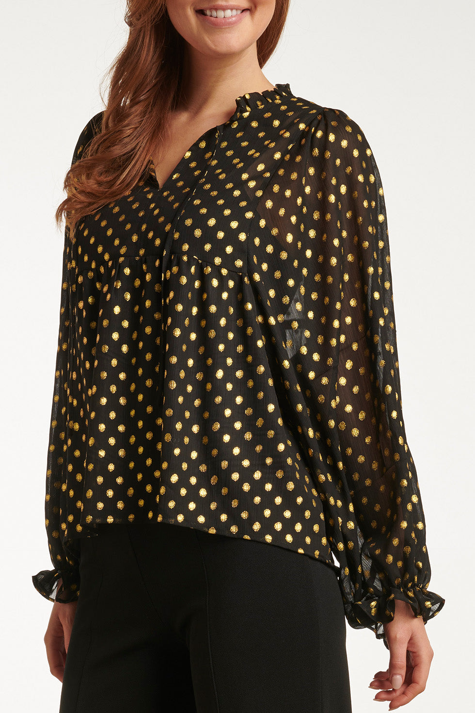 23727-999-025 V-Hals Top Met Stippenprint - 100% Polyester | Black - Gold