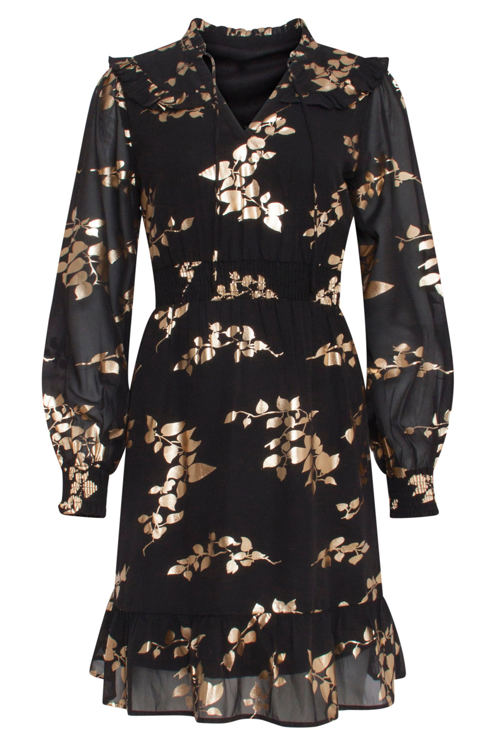 23762-999-025 Zwarte En Gouden Bloemenprint V-Hals Jurk Voor Dames