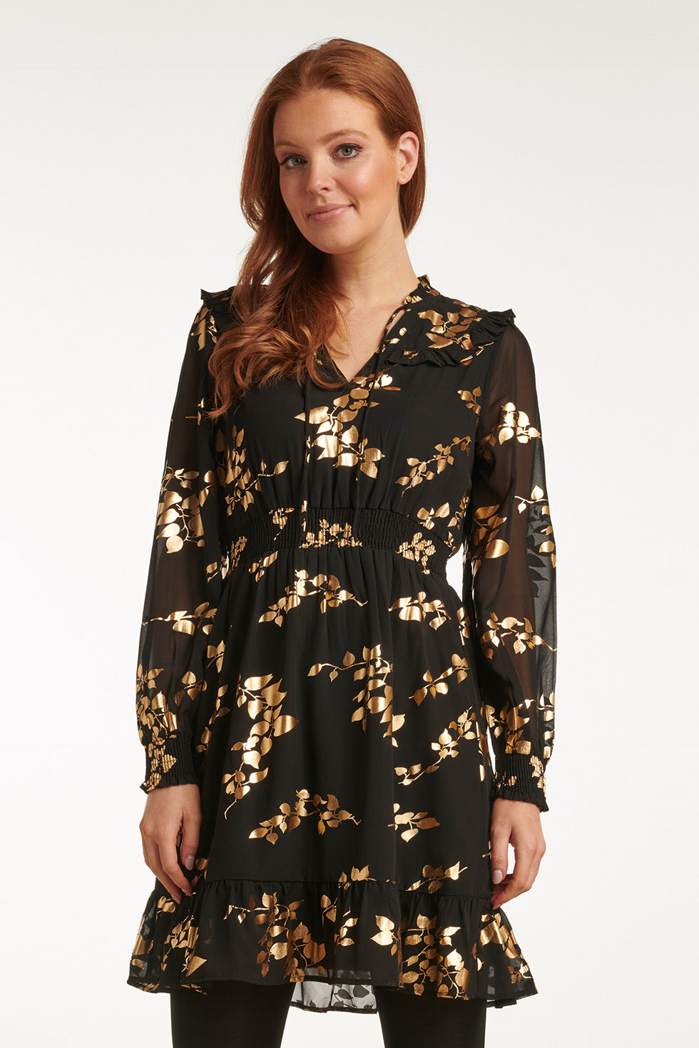 23762-999-025 Zwarte En Gouden Bloemenprint V-Hals Jurk Voor Dames