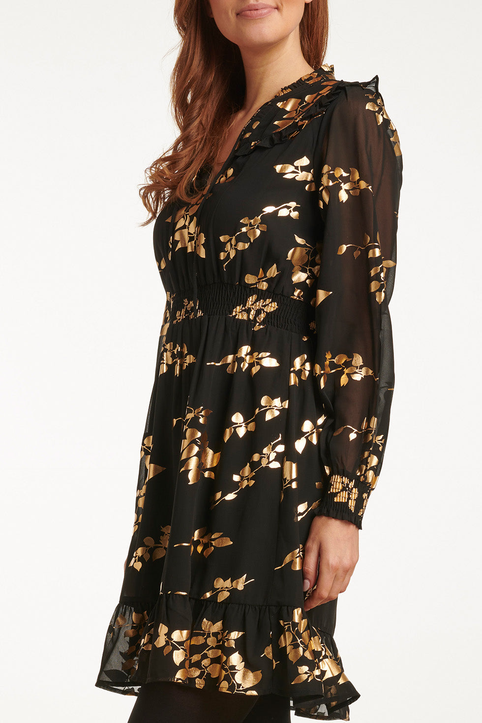 23762-999-025 Zwarte En Gouden Bloemenprint V-Hals Jurk Voor Dames