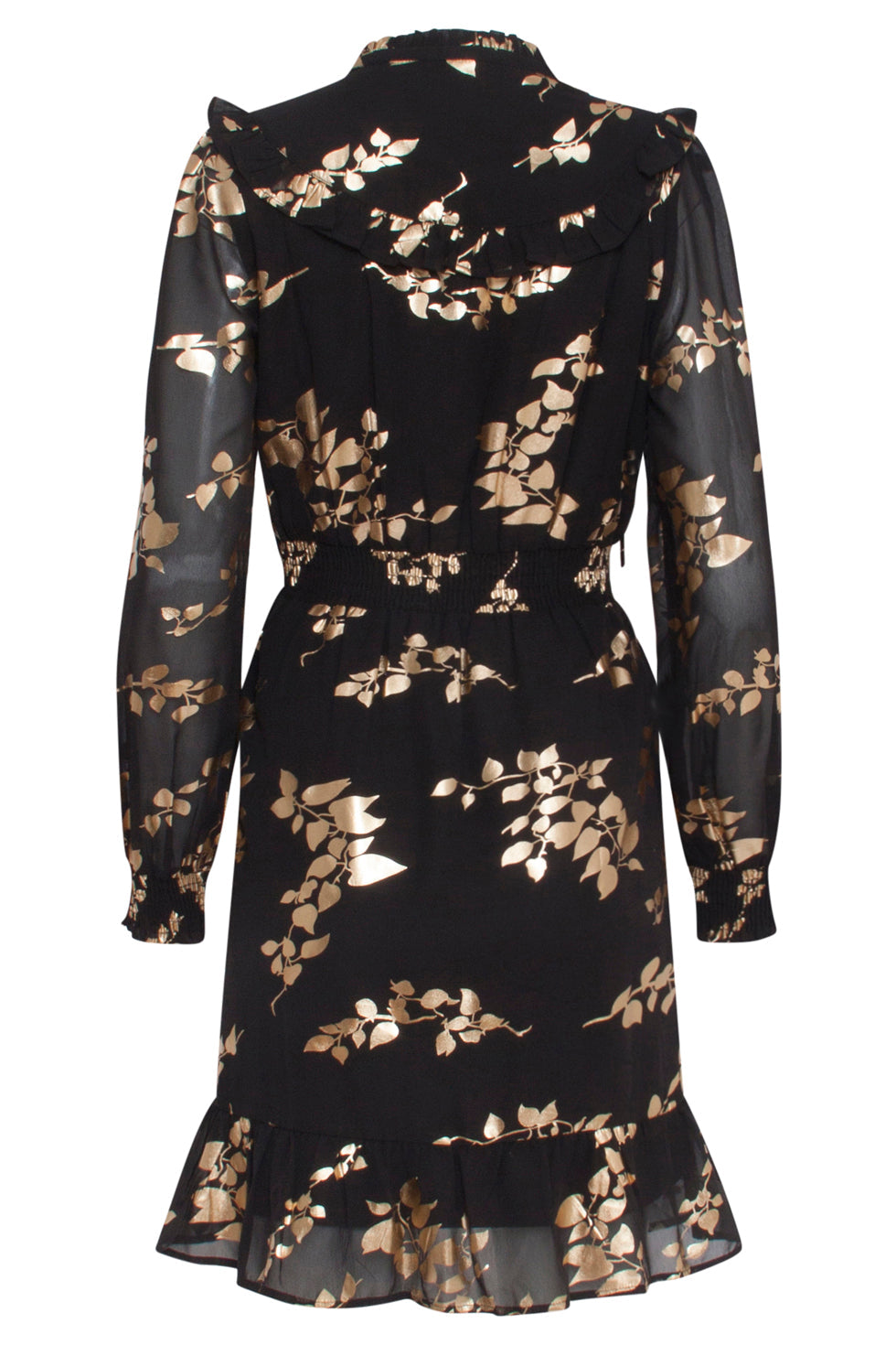 23762-999-025 Zwarte En Gouden Bloemenprint V-Hals Jurk Voor Dames