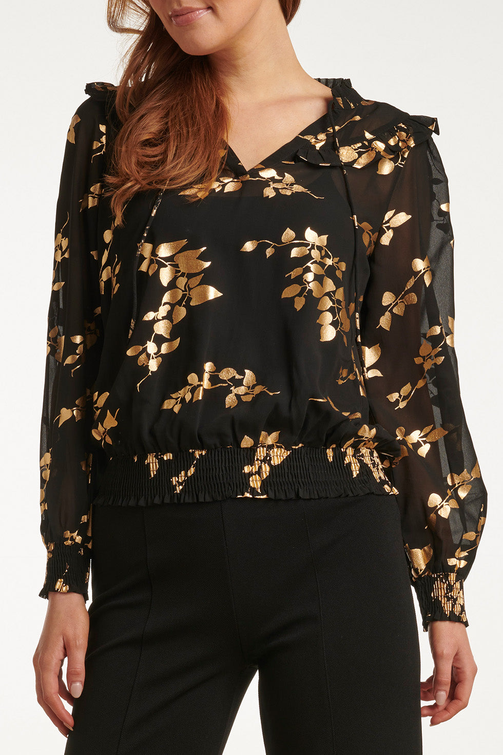 23763-999-025 e Bloemenprint V-Hals Top Voor Dames | Black - Gold