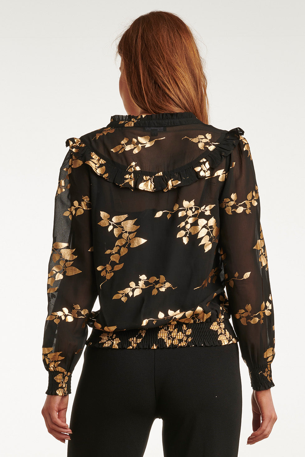 23763-999-025 e Bloemenprint V-Hals Top Voor Dames | Black - Gold