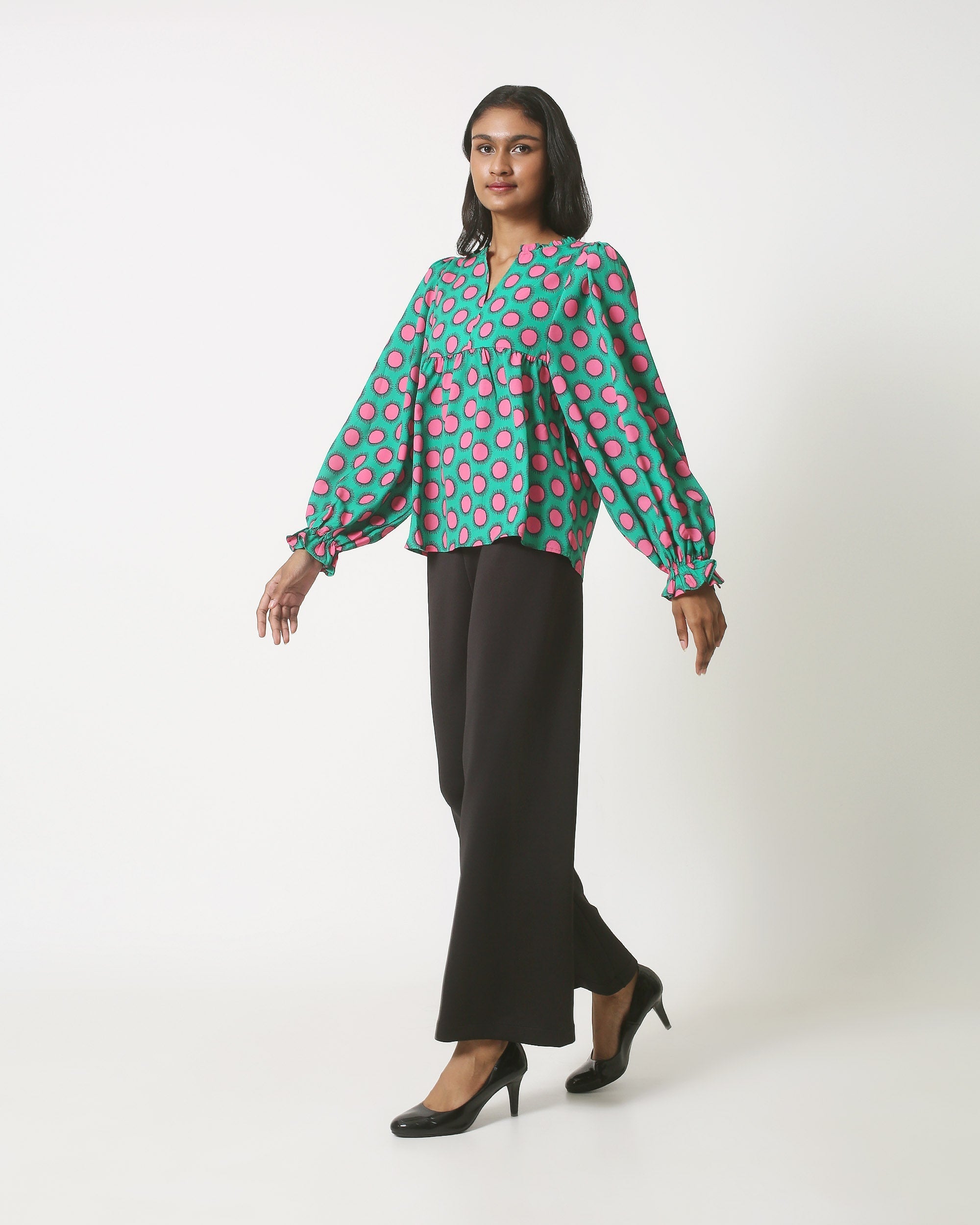 23802 Retro Print Top Met Driekwart Mouwen | Green - Fuchsia