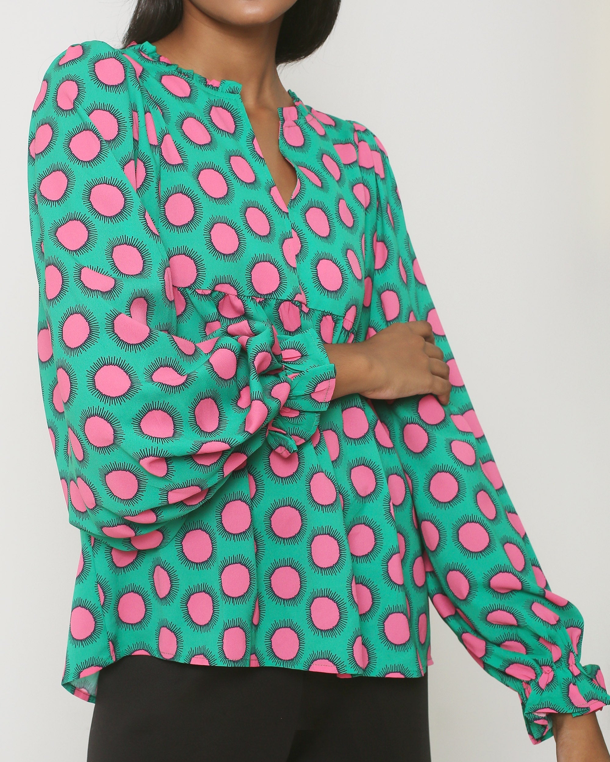 23802 Retro Print Top Met Driekwart Mouwen | Green - Fuchsia