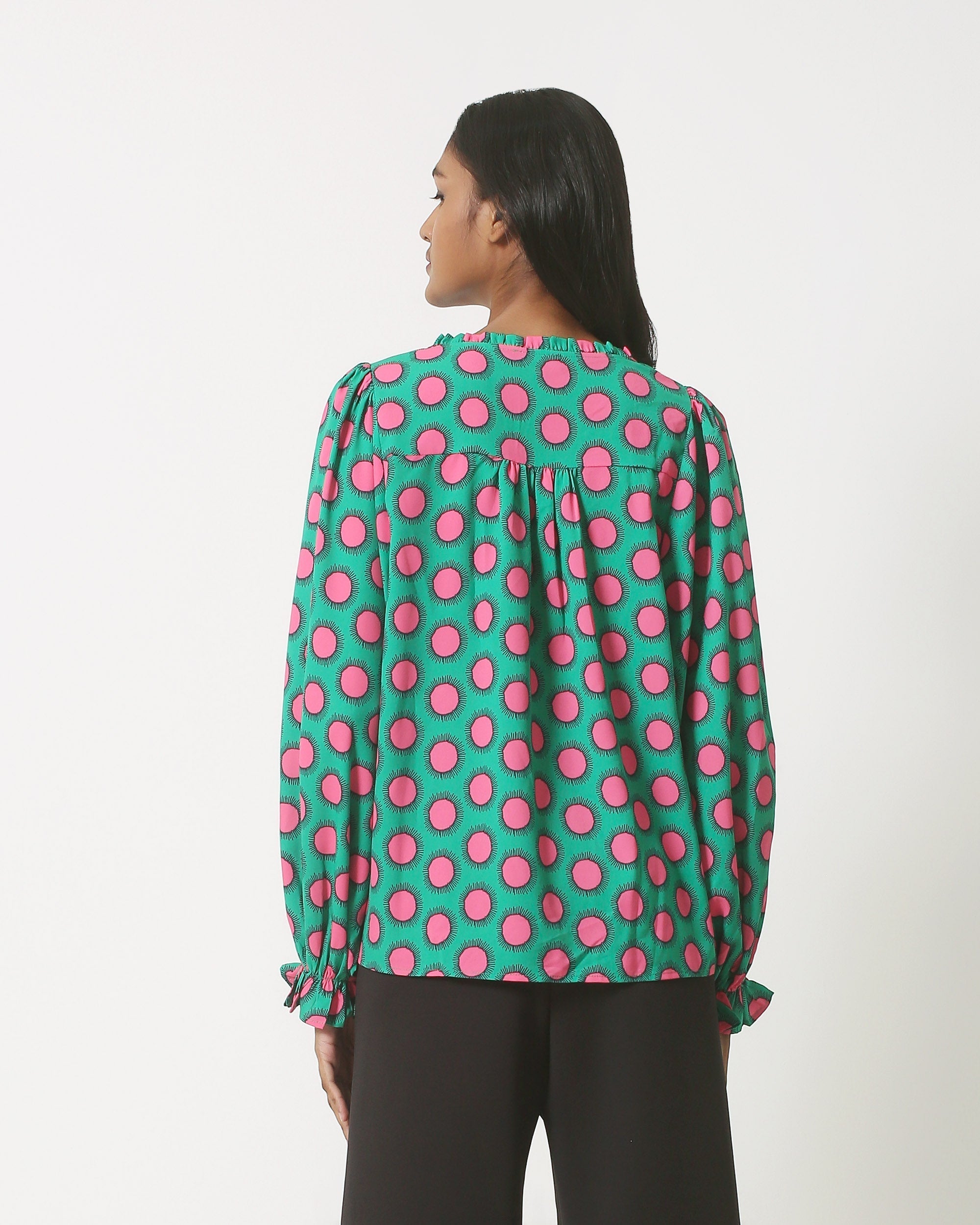 23802 Retro Print Top Met Driekwart Mouwen | Green - Fuchsia