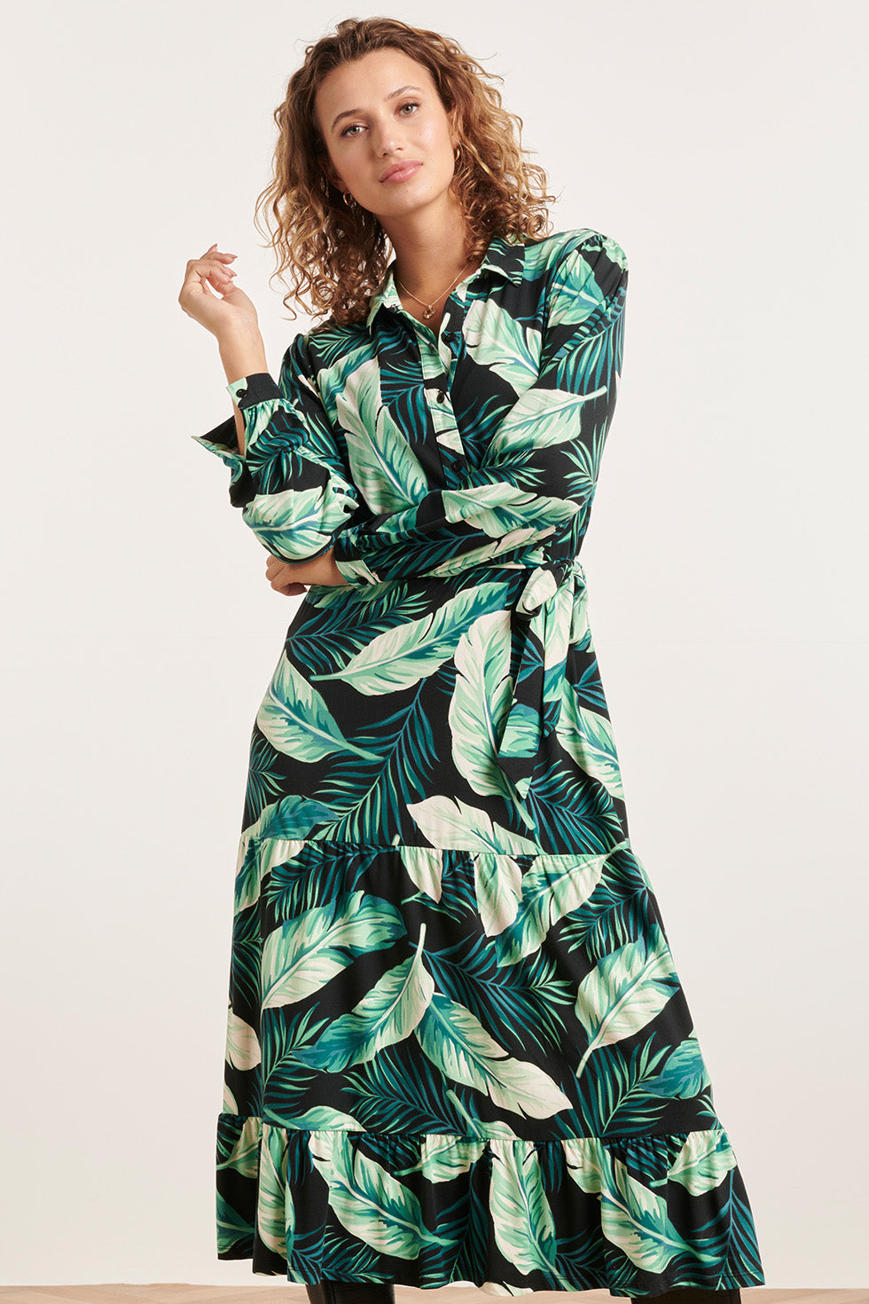 23812 Multi Bladerprint V-Hals Jurk | Black - Green