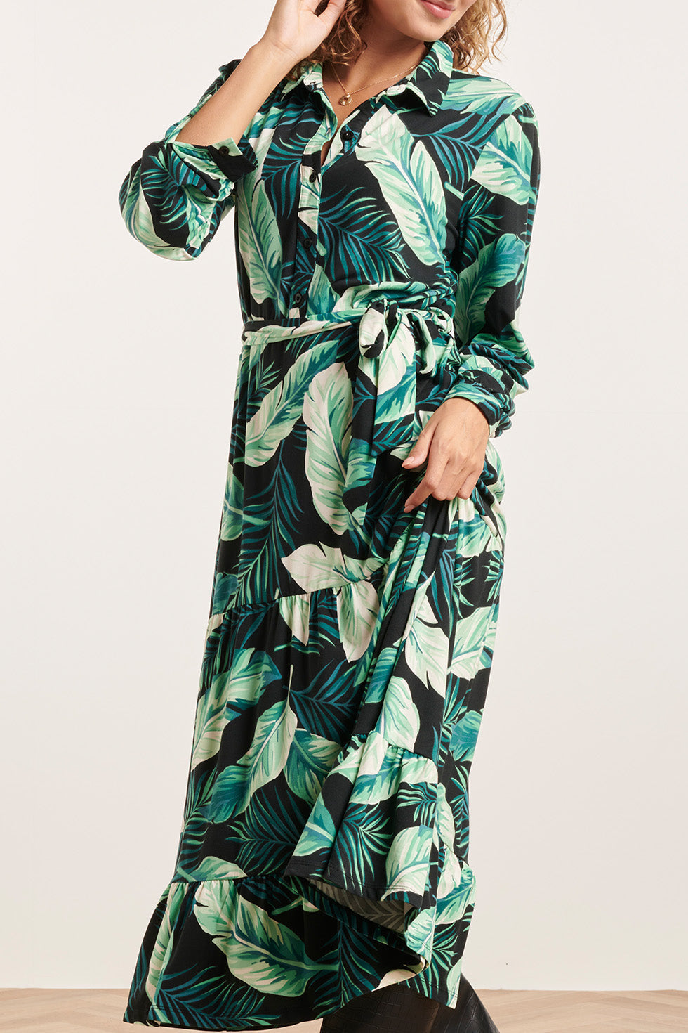 23812 Multi Bladerprint V-Hals Jurk | Black - Green