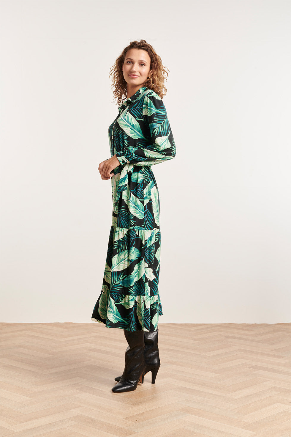 23812 Multi Bladerprint V-Hals Jurk | Black - Green