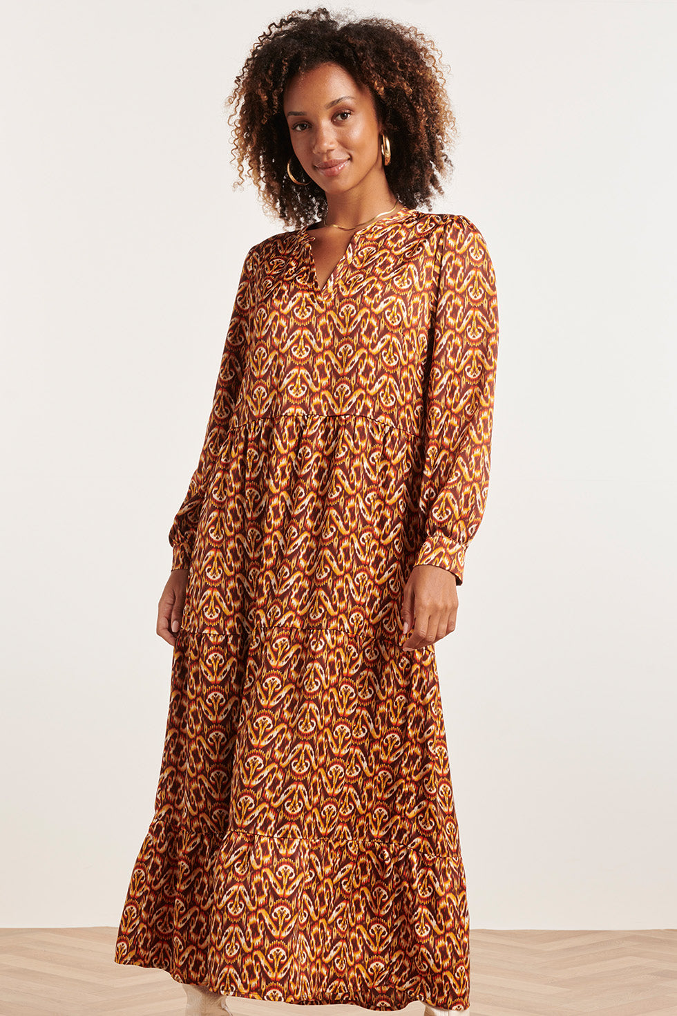 23816 - Abstracte Print V-Hals Jurk | Brown - Orange