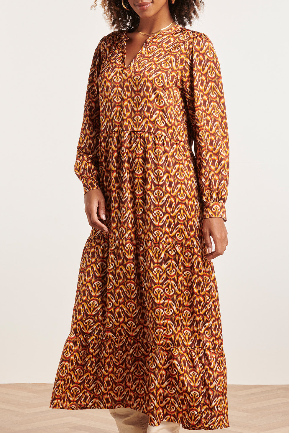 23816 - Abstracte Print V-Hals Jurk | Brown - Orange