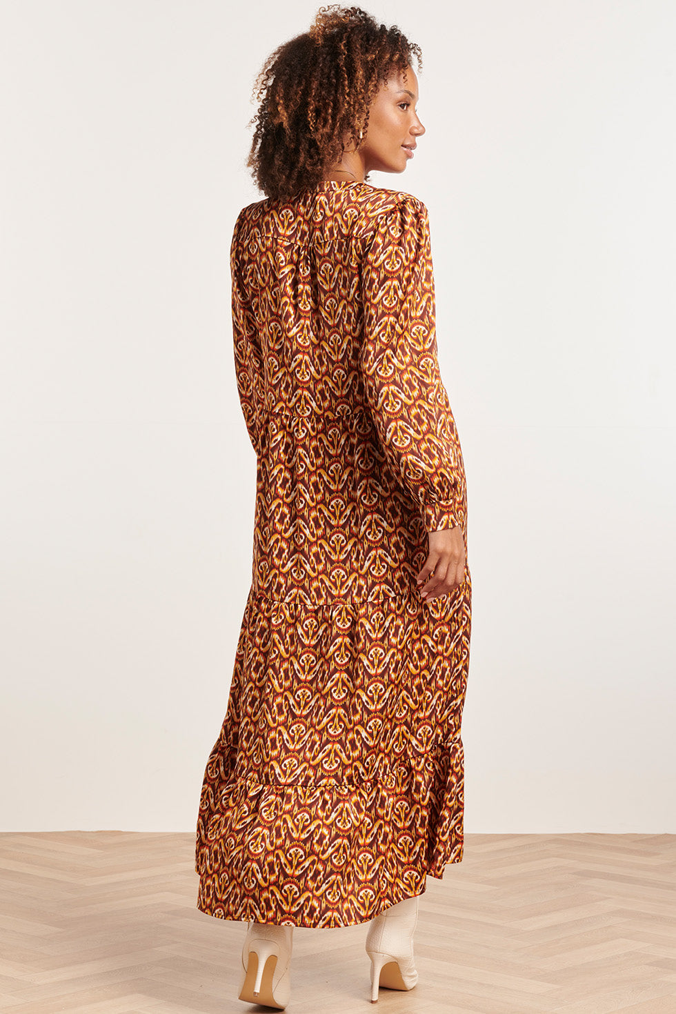 23816 - Abstracte Print V-Hals Jurk | Brown - Orange
