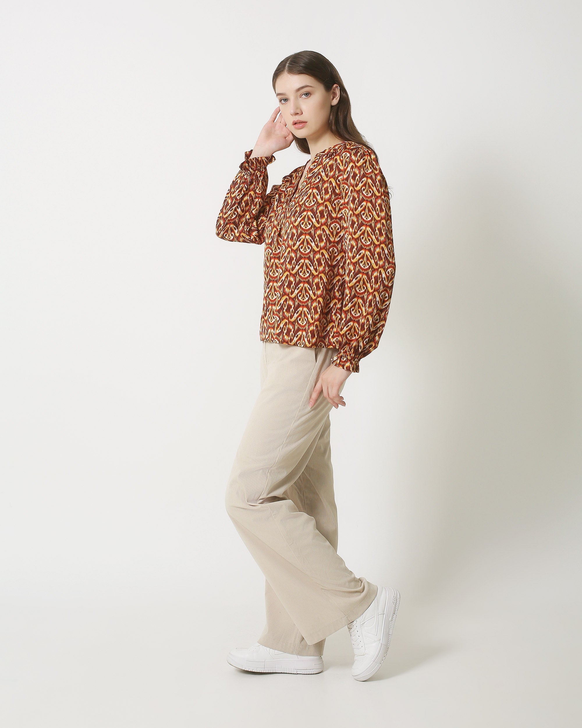 23817 - Abstracte Print V-Hals Top | Brown - Orange