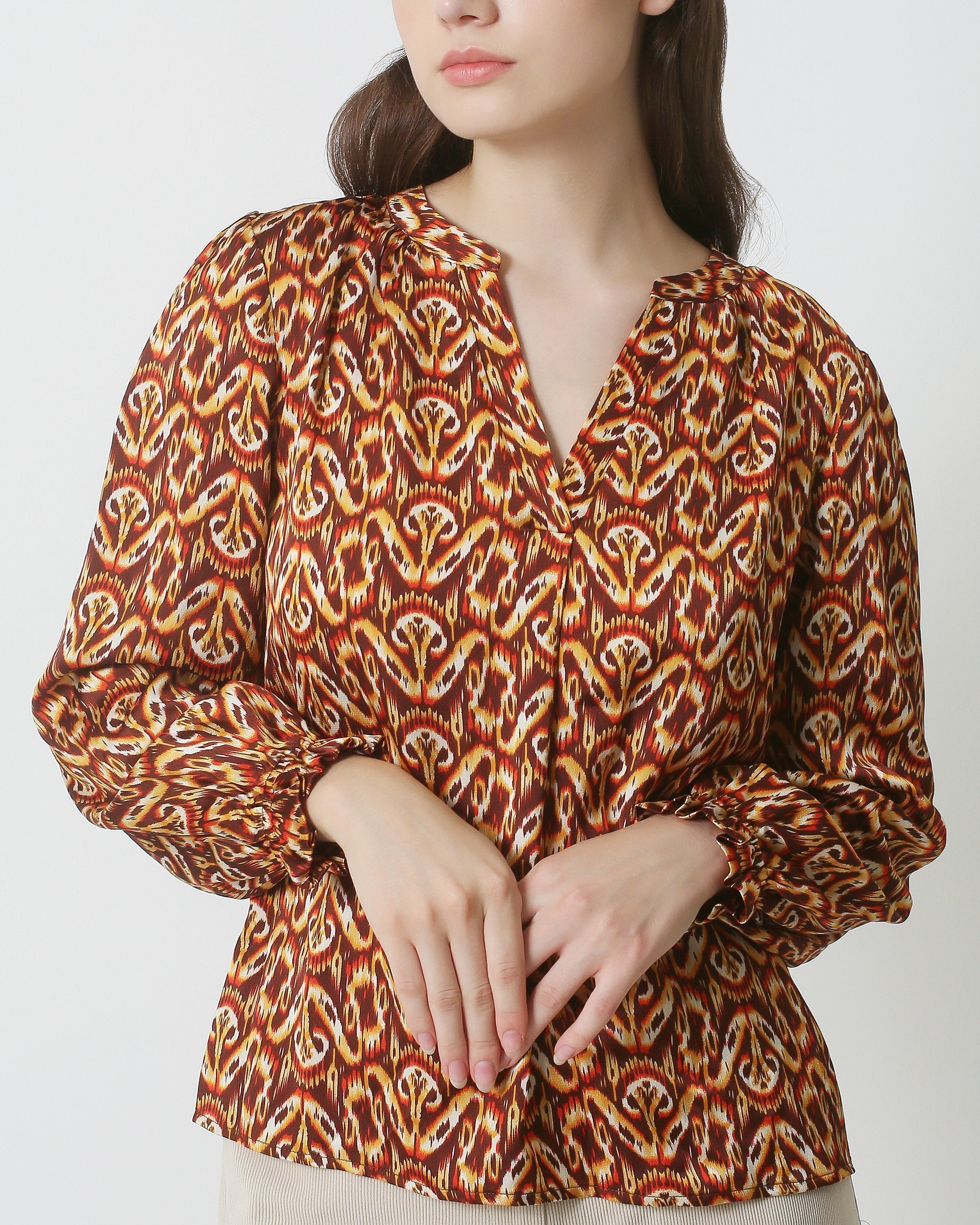 23817 - Abstracte Print V-Hals Top | Brown - Orange
