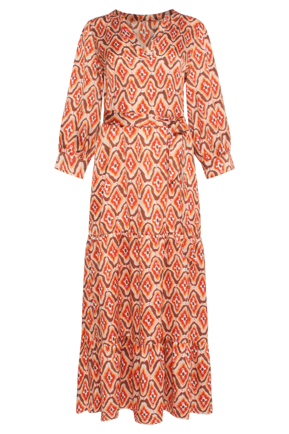23819 Multi Retro Print V-Hals Jurk | Brown - Sand