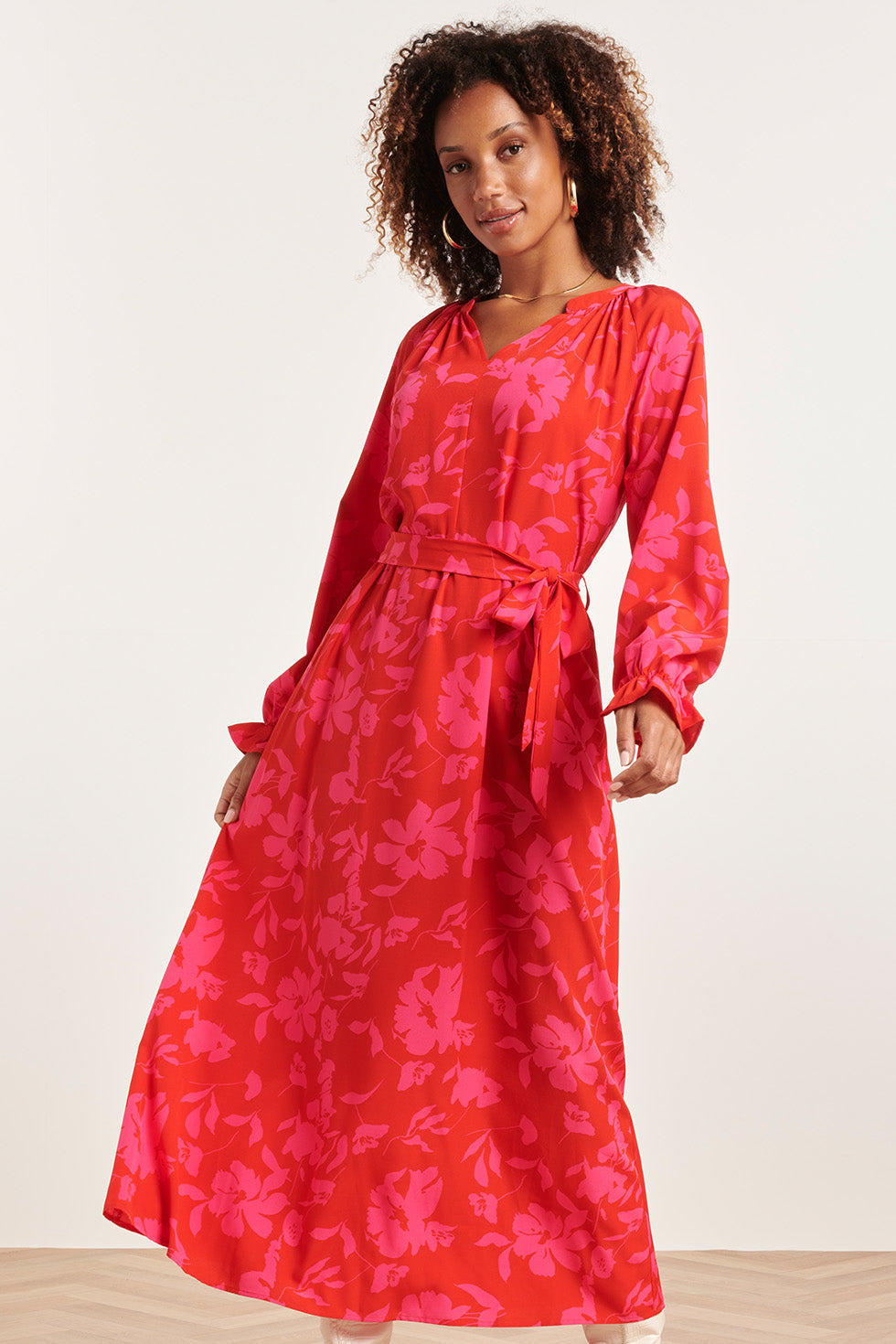 23821 Bloemenprint V-Hals Jurk | Red - Fuchsia