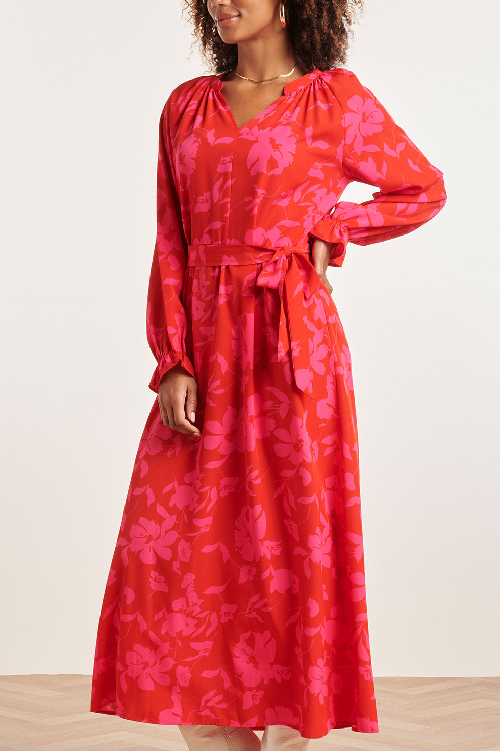 23821 Bloemenprint V-Hals Jurk | Red - Fuchsia