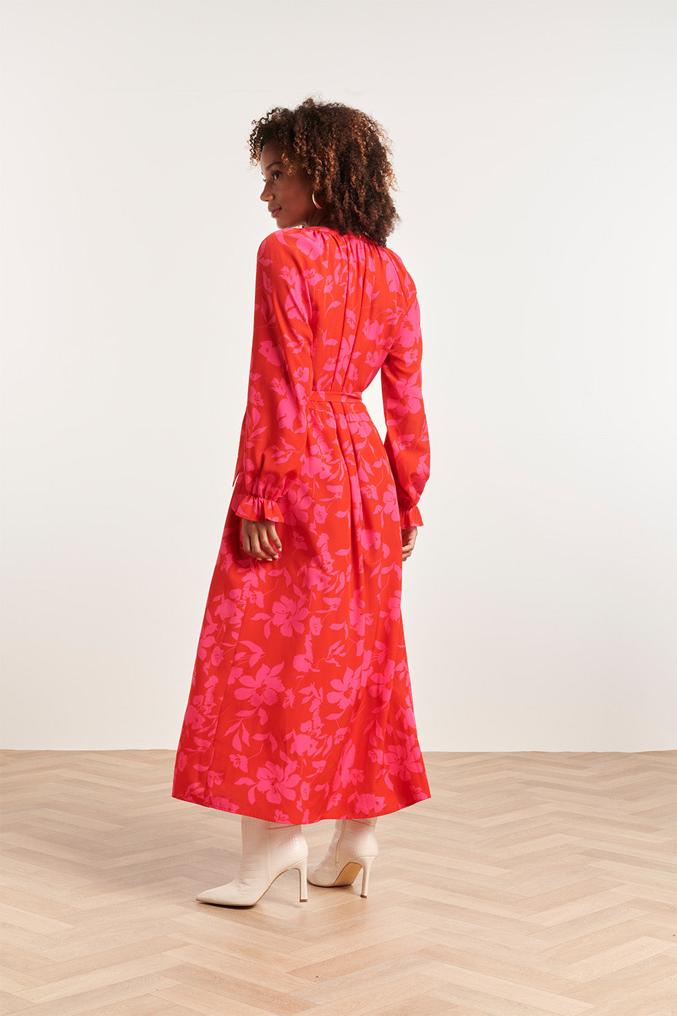 23821 Bloemenprint V-Hals Jurk | Red - Fuchsia