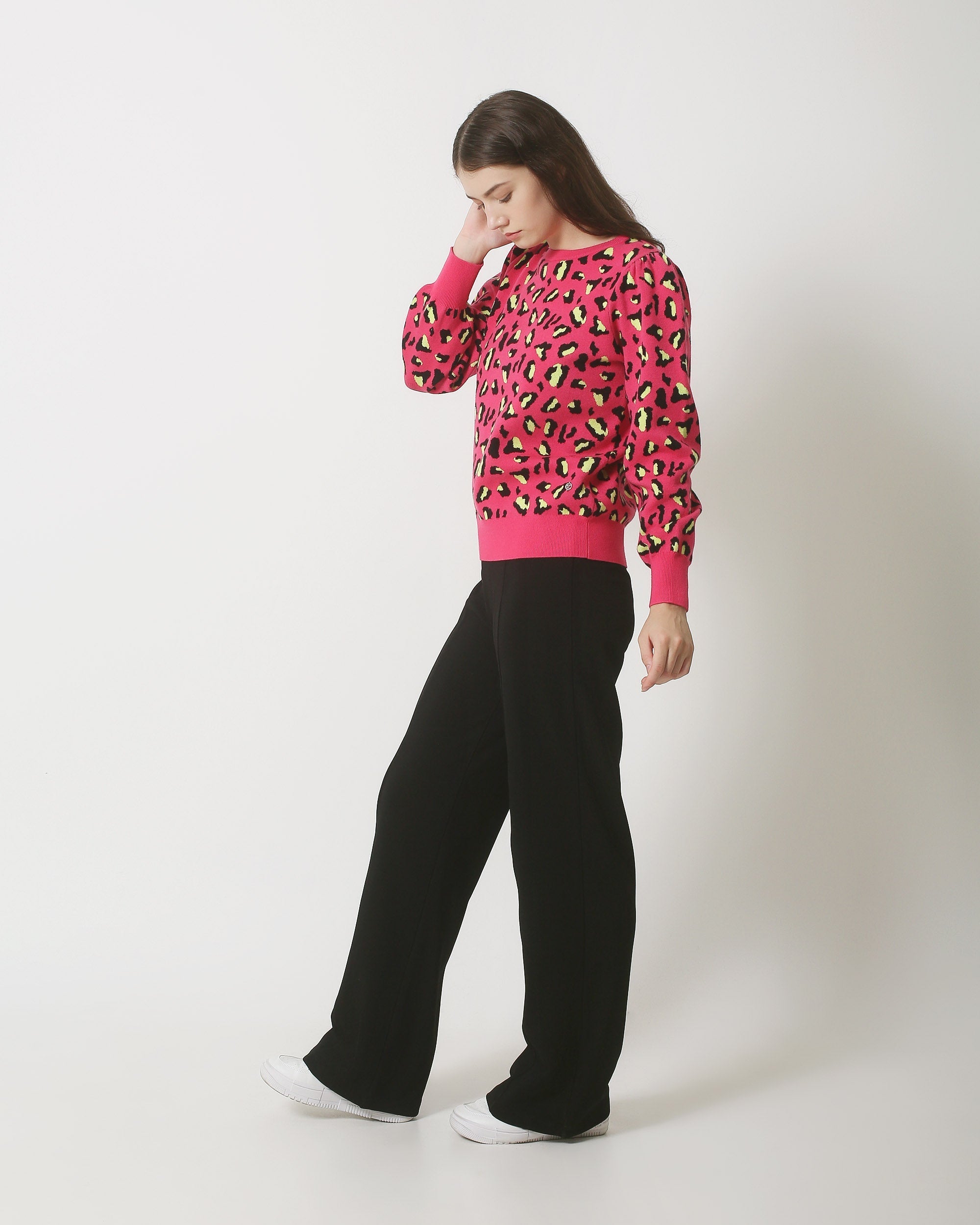 23835 Dierenprint Top Met Ronde Hals | Fuchsia - Black