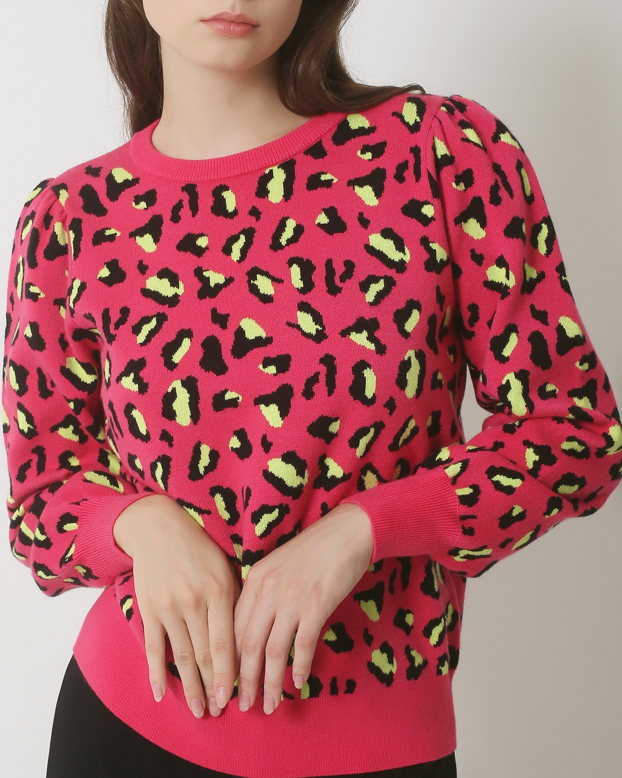 23835 Dierenprint Top Met Ronde Hals | Fuchsia - Black