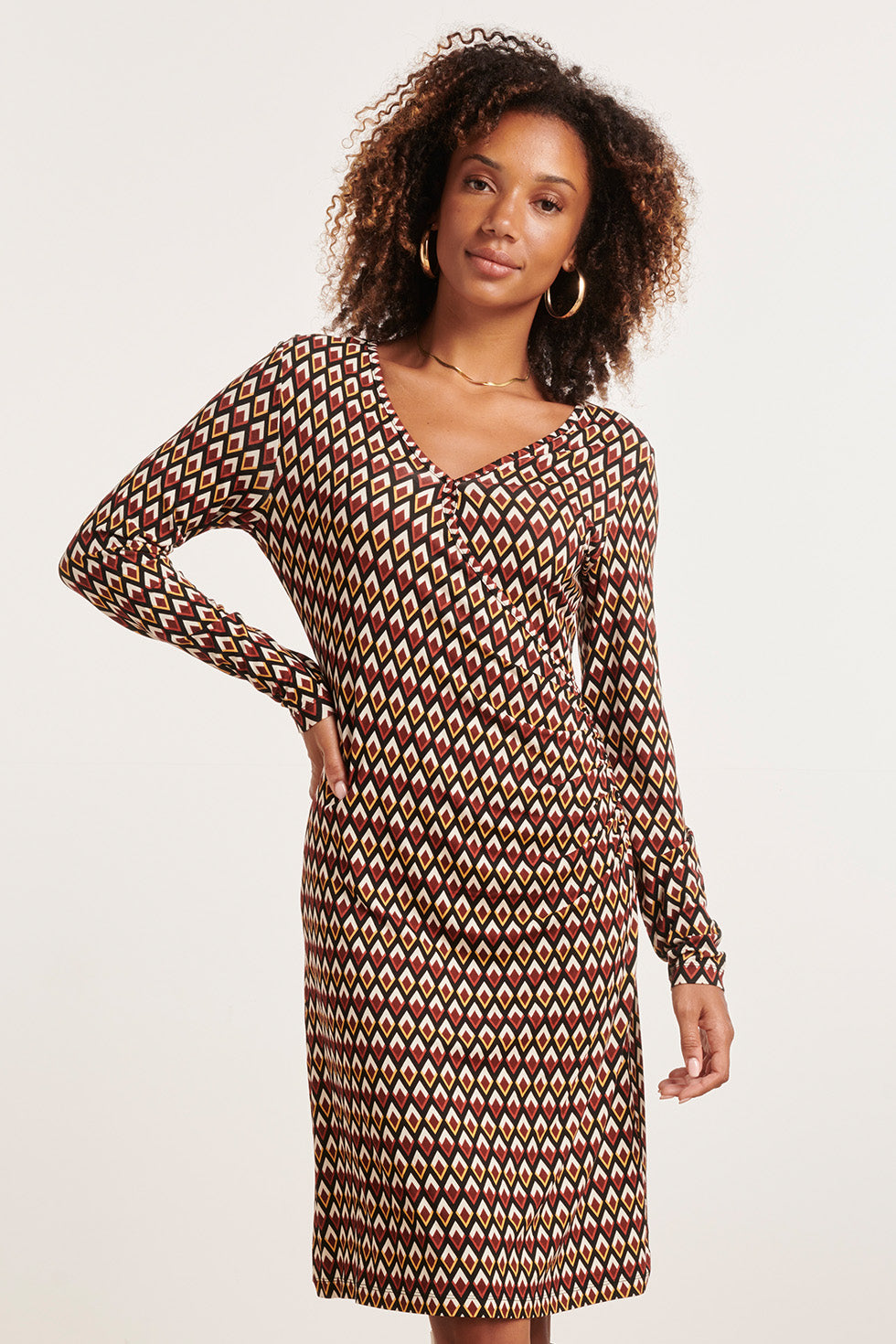 23871 te Retro Print Jurk - Lange Mouwen, V-Hals Overslag | Muticolour