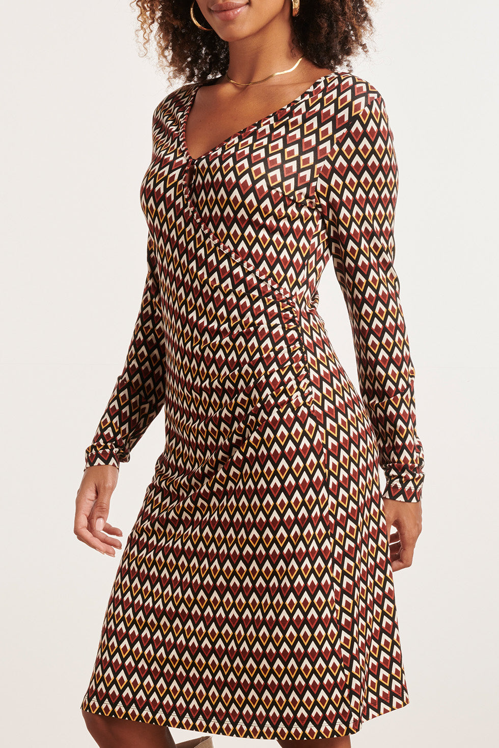 23871 te Retro Print Jurk - Lange Mouwen, V-Hals Overslag | Muticolour