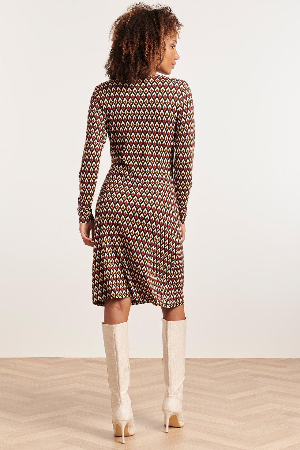 23871 te Retro Print Jurk - Lange Mouwen, V-Hals Overslag | Muticolour