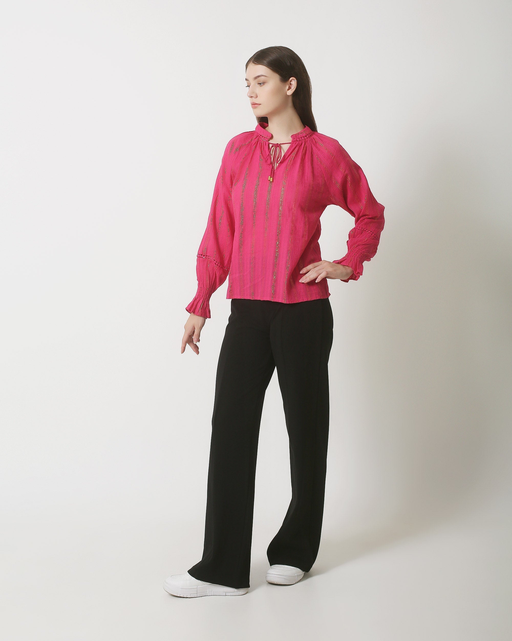 23887 Herfst Winter Fel Lurex Top Met Verticale Streepjes | Pink