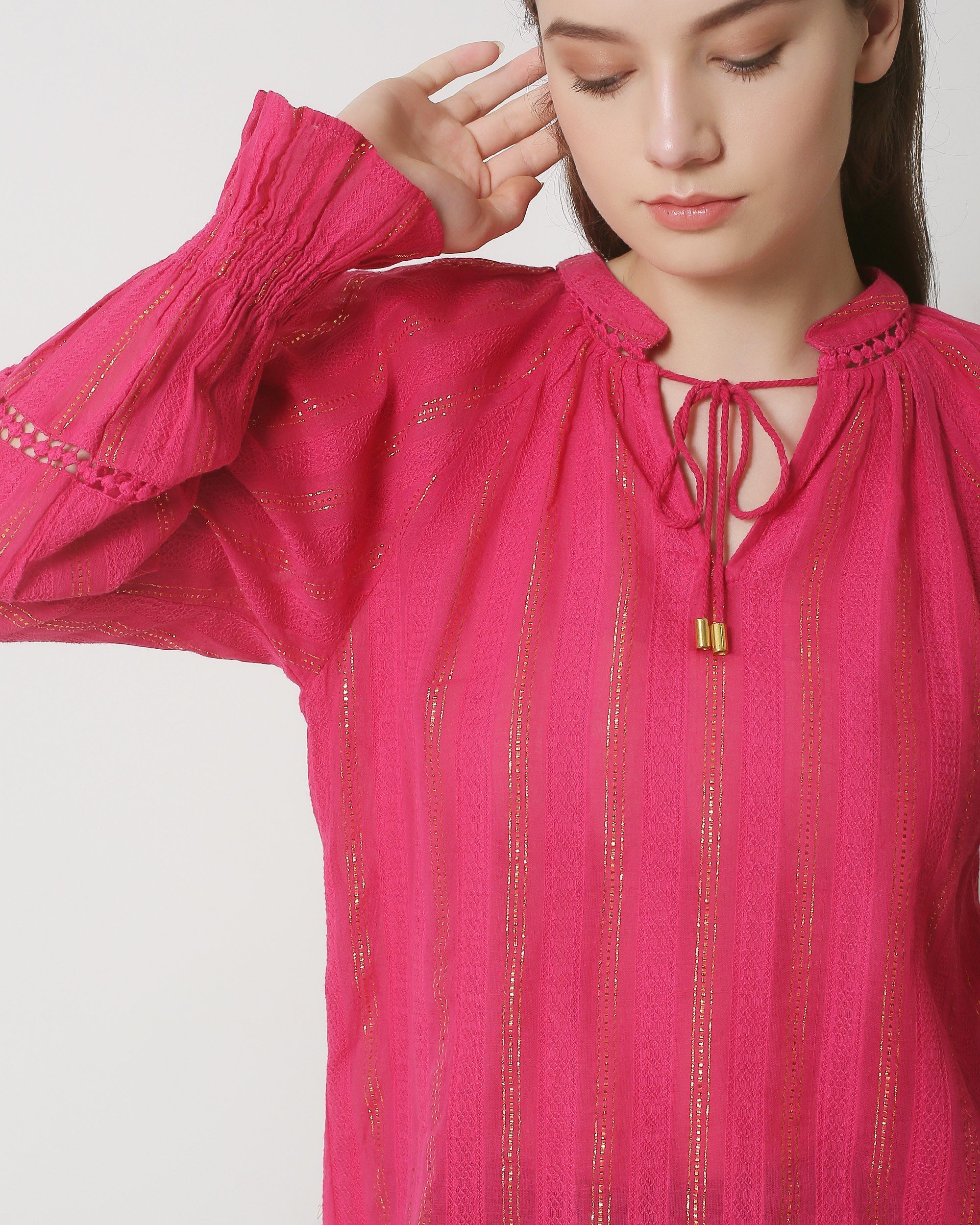 23887 Herfst Winter Fel Lurex Top Met Verticale Streepjes | Pink