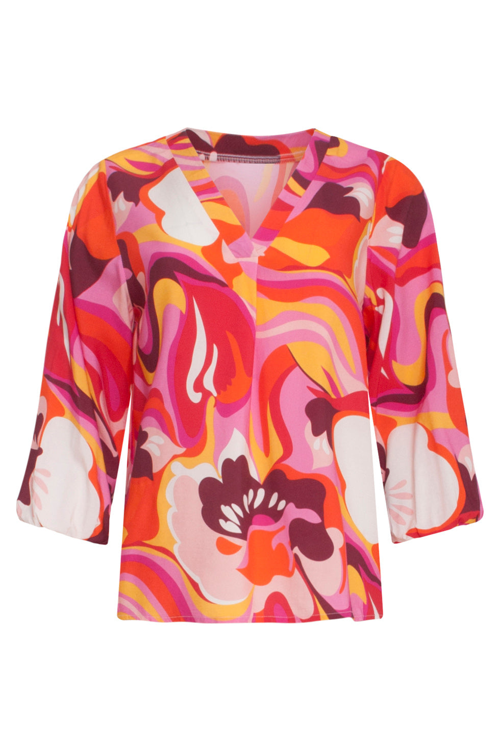 24001 Retro Print Loose Fit V-Hals Top Met Pofmouw | Pink - Muticolour