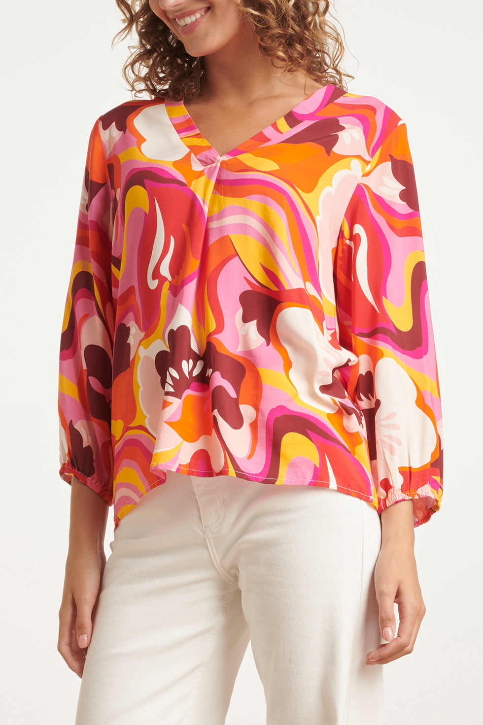 24001 Retro Print Loose Fit V-Hals Top Met Pofmouw | Pink - Muticolour