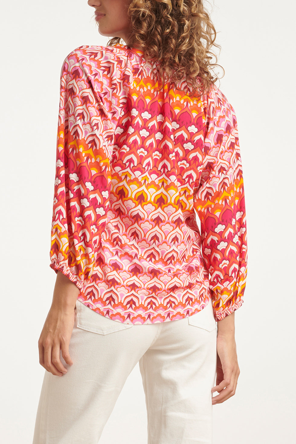 24004 Retro Print V-Hals Top Met Ballonmouw