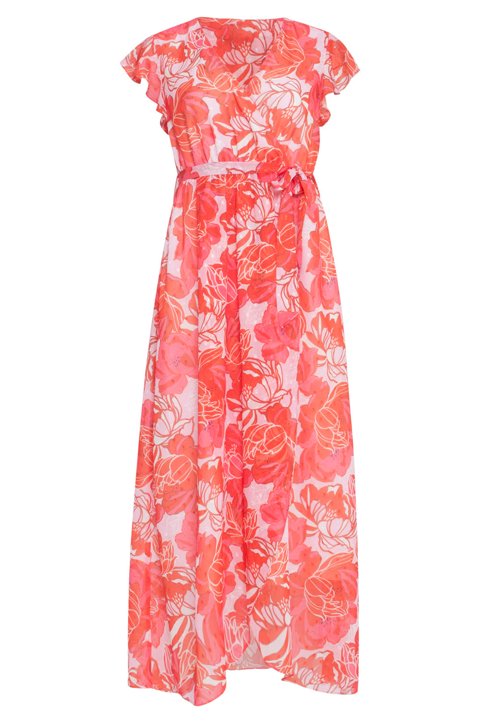 24008 Bloemenpracht Chiffon Jurk Met Ruchesceintuur | Pink-Red