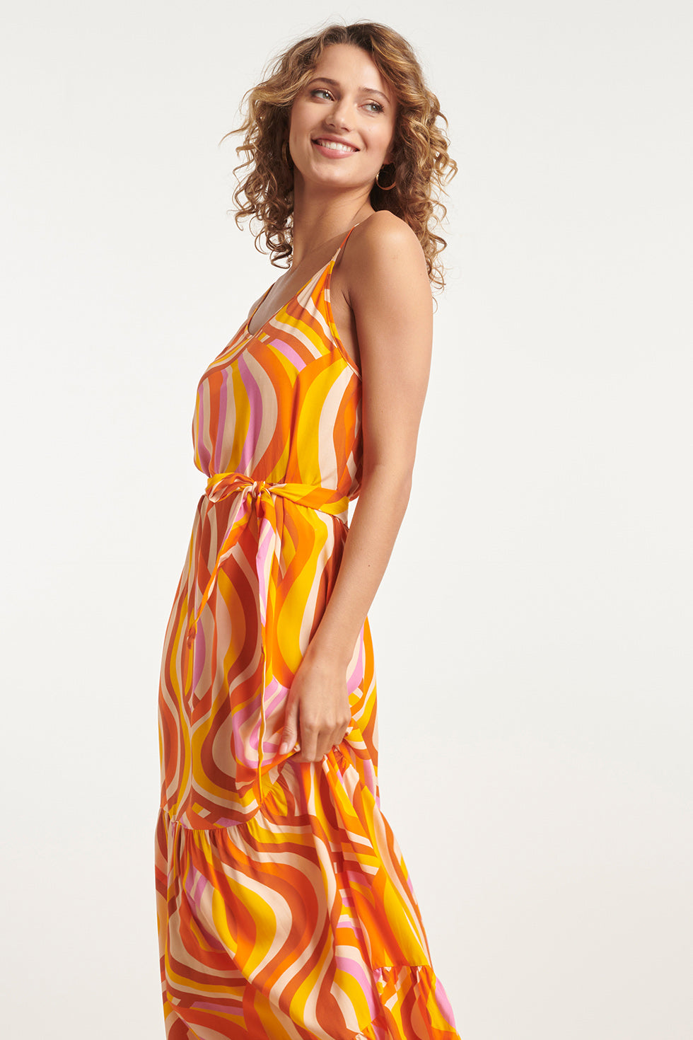24011 Zomerse Spaghetti Jurk Met Retro Print | Orange - Muticolour