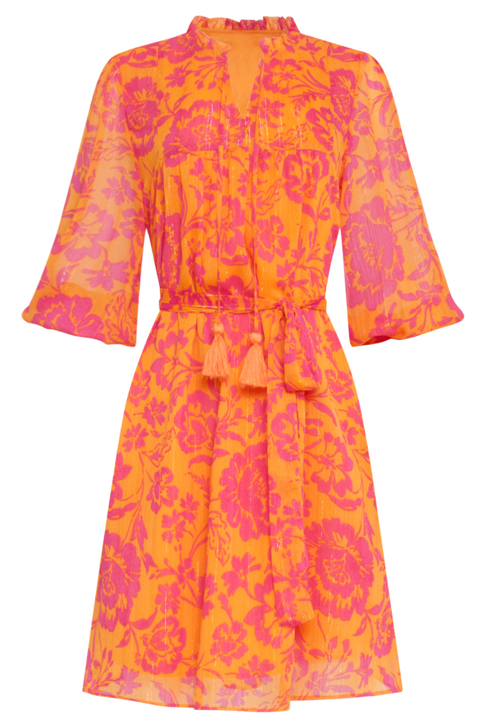 24024 V-Hals Chiffon Jurk Met Ballonmouwen | Orange-Fuchsia