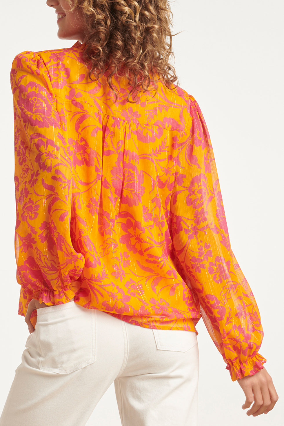 24025 V-Hals Chiffon Top Met Ballonmouwen | Orange - Fuchsia