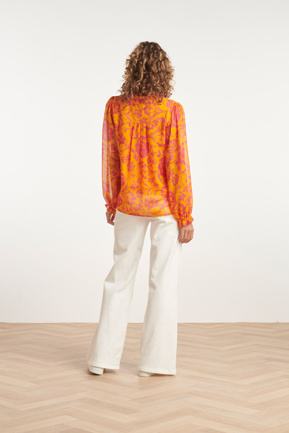 24025 V-Hals Chiffon Top Met Ballonmouwen | Orange - Fuchsia