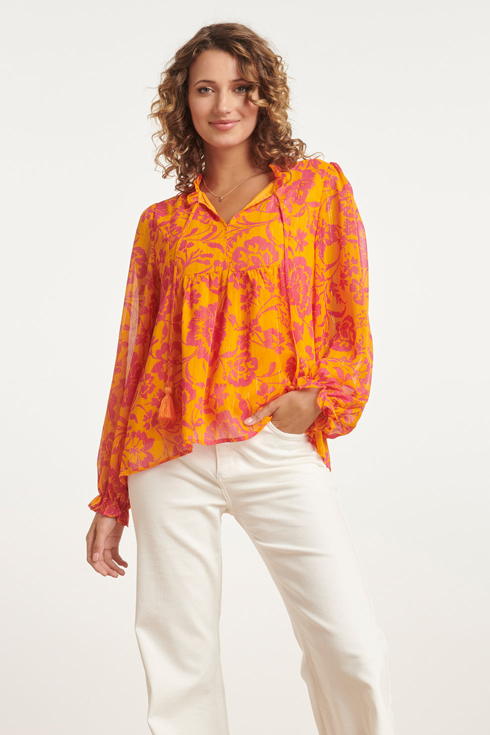24025 V-Hals Chiffon Top Met Ballonmouwen | Orange - Fuchsia