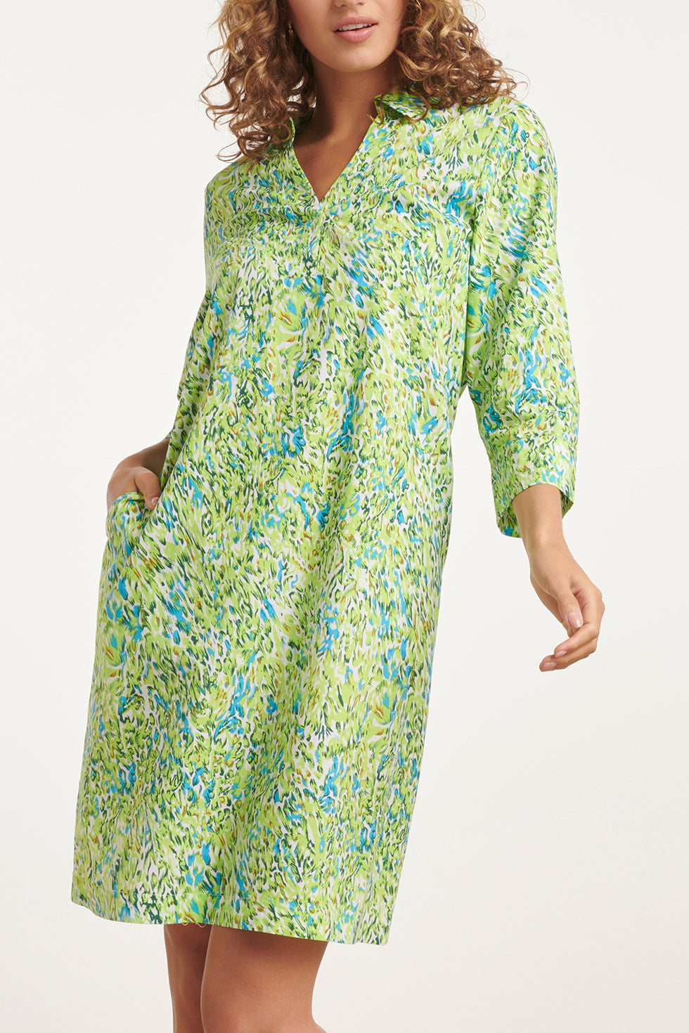 24034 Rechte Jurk Met V-Halskraaghelder | Lime - White