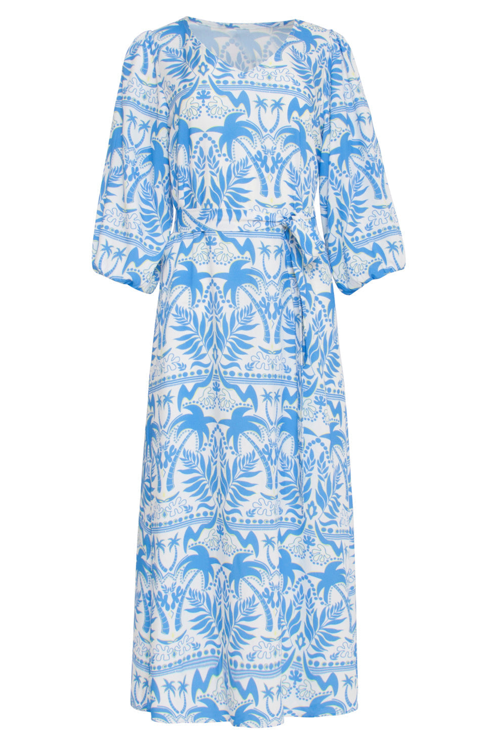 24038 Midi Zomerjurk Met Tropische Print Zomerse | White - Blue